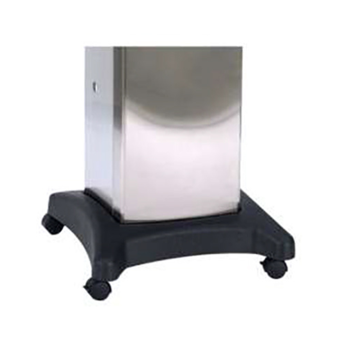 Metallic object on a black stand with wheels on a white background