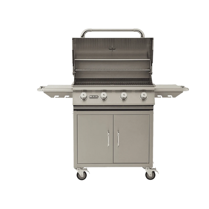 Stainless steel grill on wheels with control knobs and a cabinet on a white background
