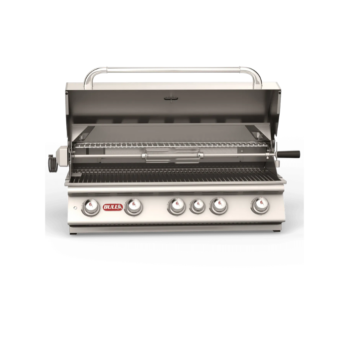 Stainless steel grill with brand logo on a white background