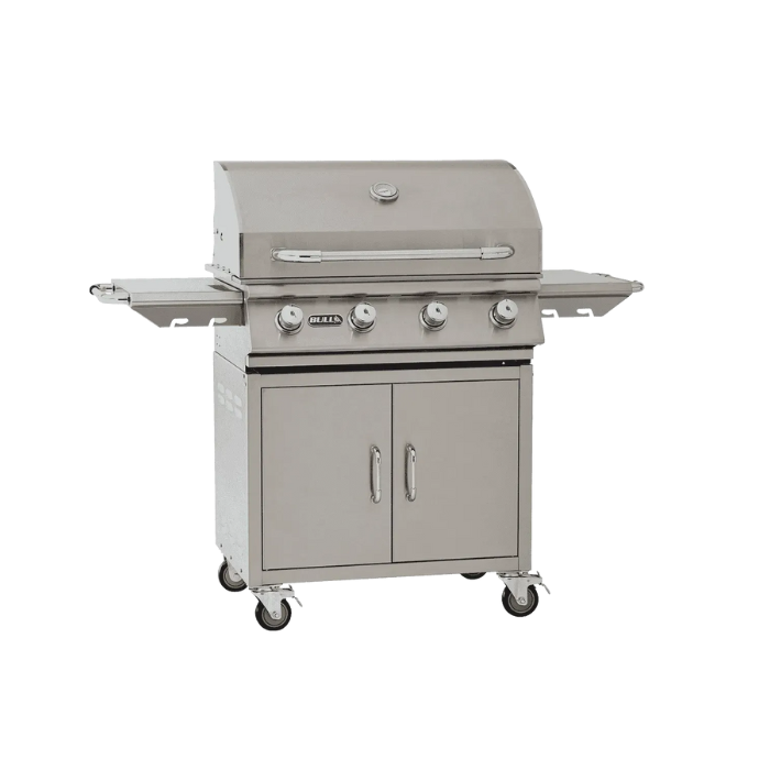 Stainless steel grill on wheels with a cabinet on a white background