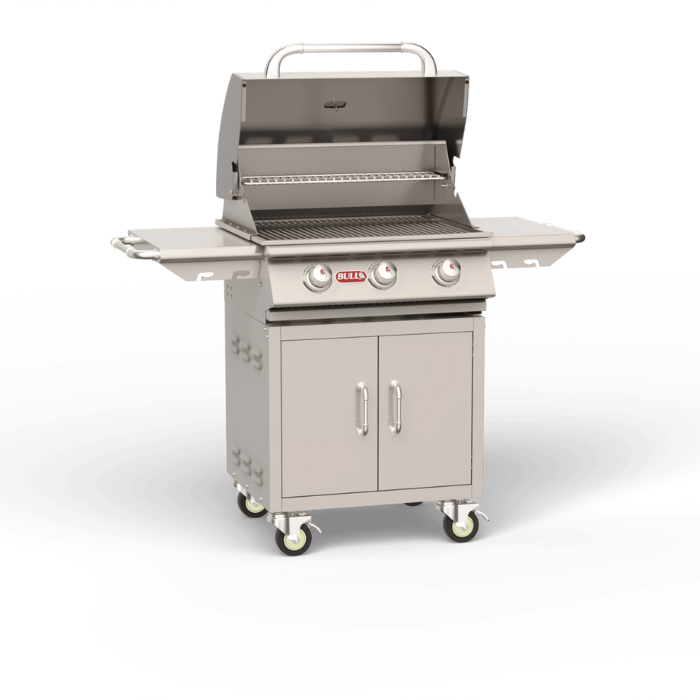 Stainless steel grill on wheels with a cabinet on a white background