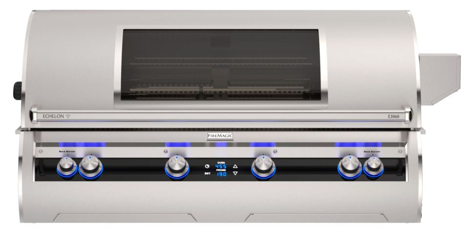 Stainless steel grill with digital display and control knobs on a white background