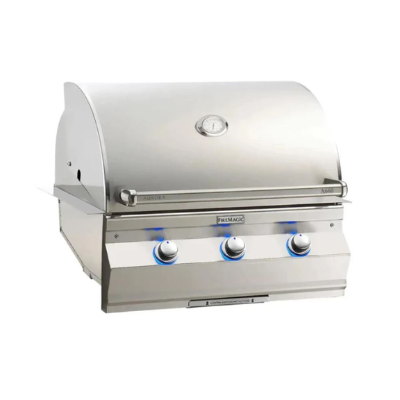 Stainless steel grill with three control knobs on a white background