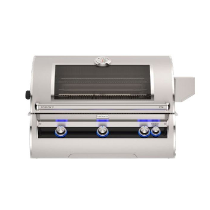 Stainless steel grill with four control knobs on a white background