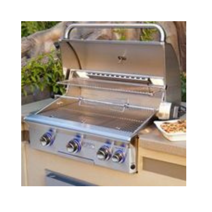 Stainless steel grill on a patio with outdoor setting