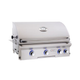 Stainless steel grill with four control knobs on a white background