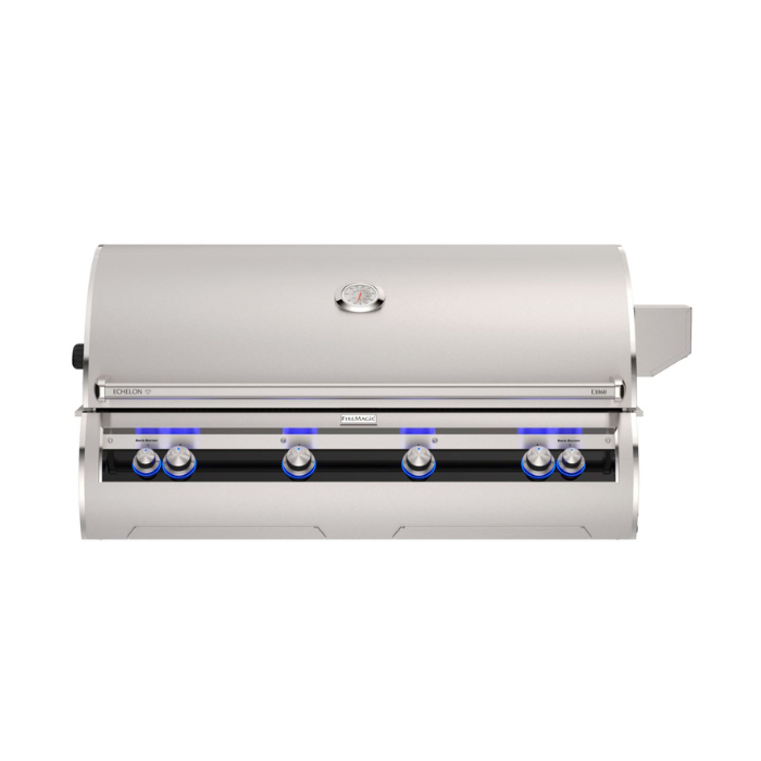 Stainless steel grill with control knobs on a white background