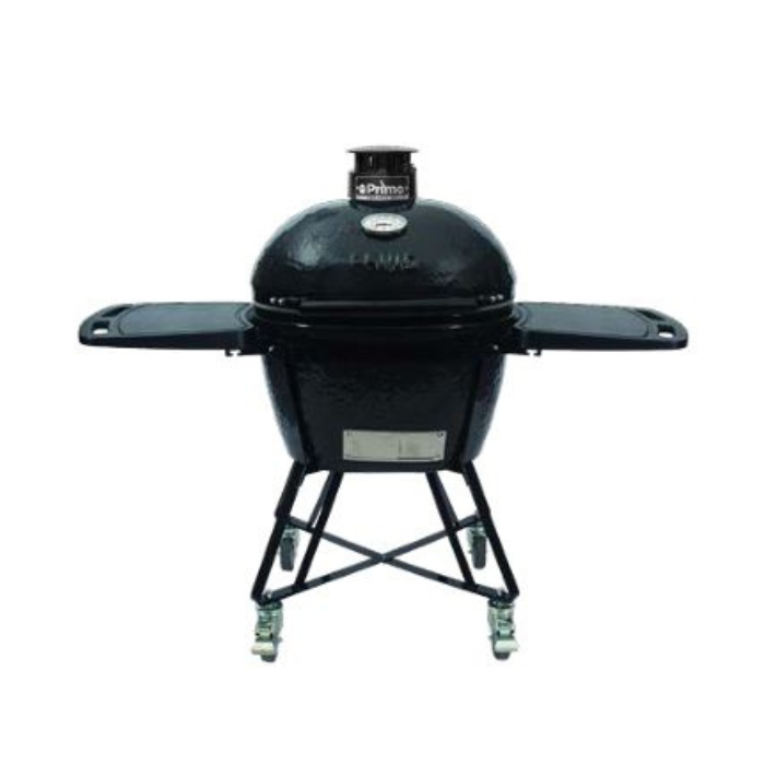 Black Kamado-style grill on a white background