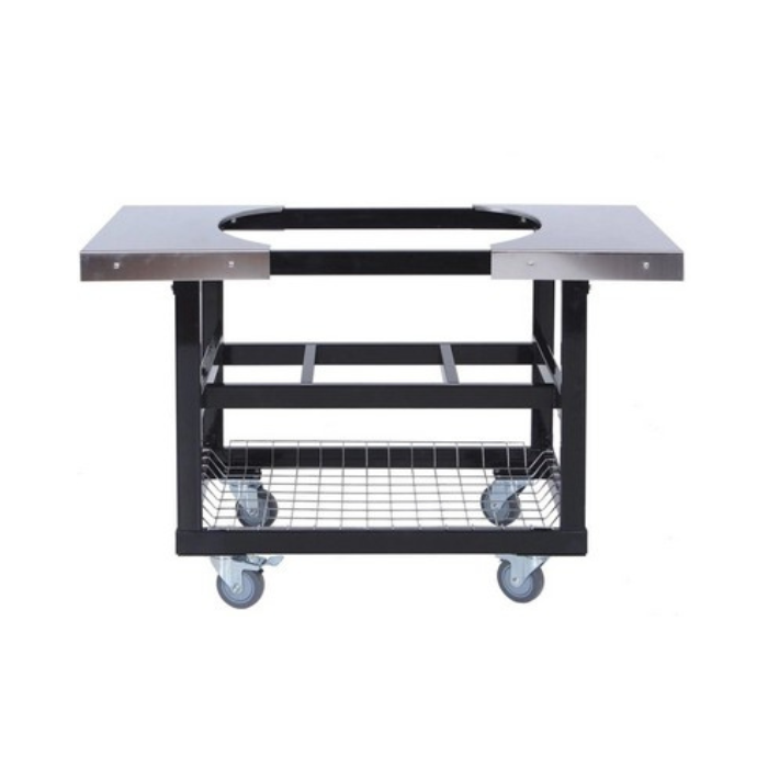 Workbench with metal top and wheels on a white background