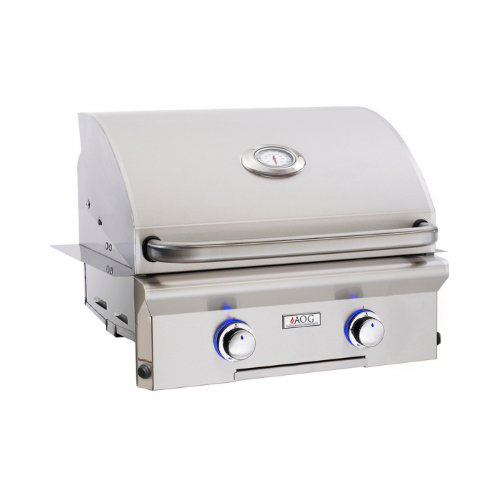 Stainless steel grill with visible brand logo on a white background