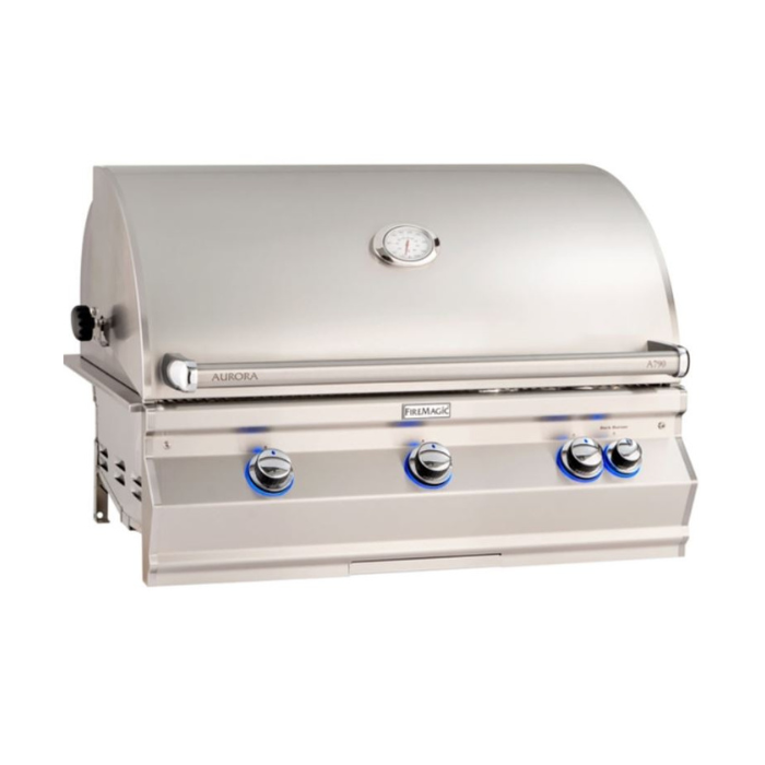 Stainless steel grill with visible branding on a white background