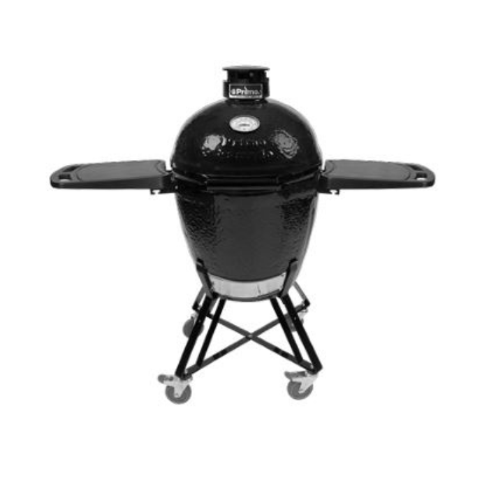 Black Kamado-style grill on a white background
