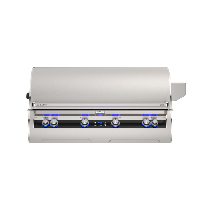Stainless steel grill with control knobs on a white background