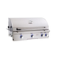Stainless steel grill with four burners on a white background