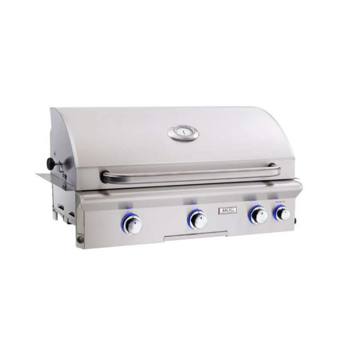 Stainless steel grill with four burners on a white background