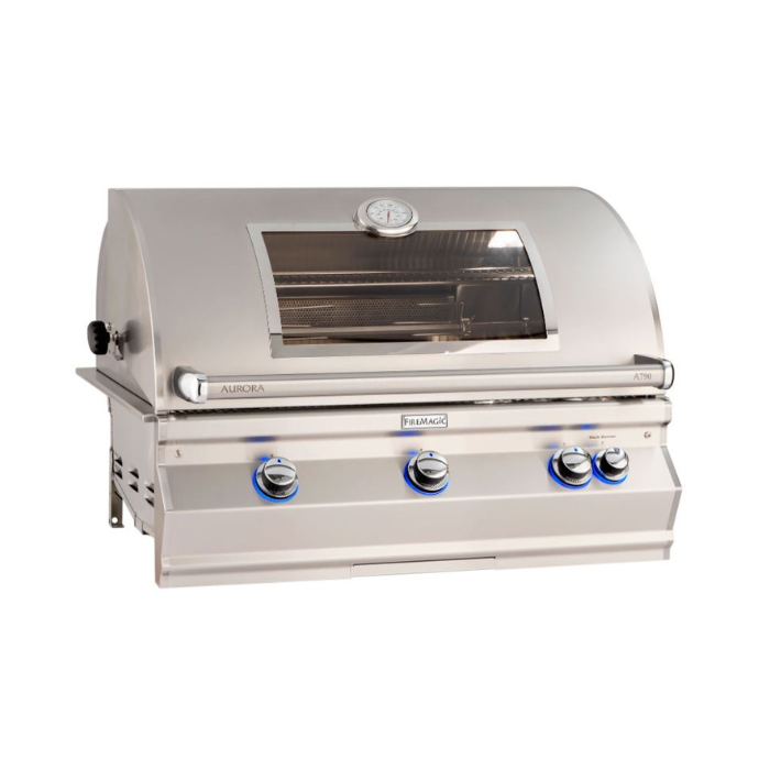 Stainless steel grill with visible brand logos on a white background
