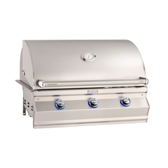 Stainless steel grill with visible brand logos on a white background