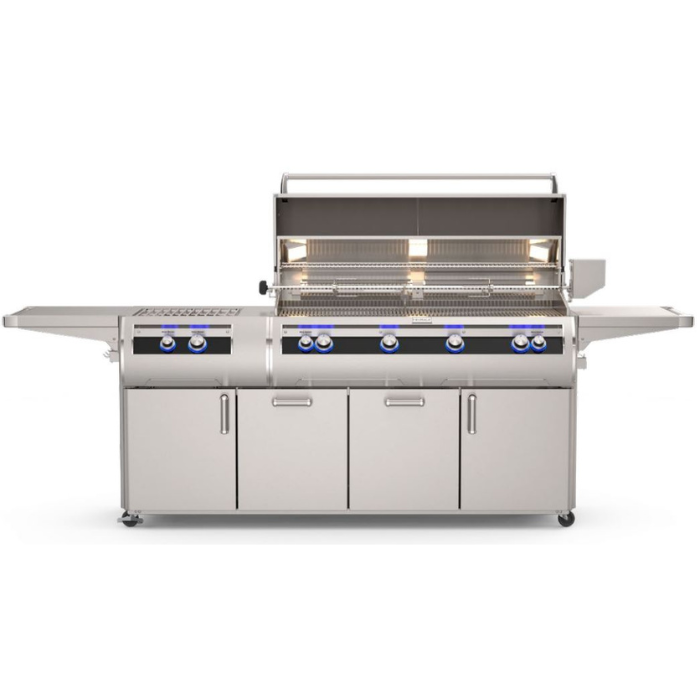Stainless steel grill with multiple burners on a white background