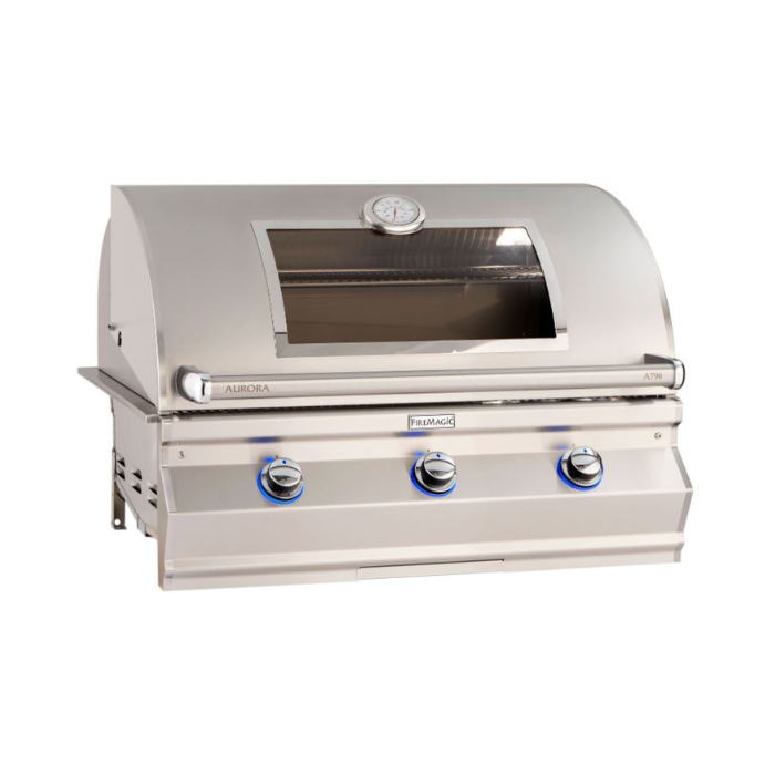 Stainless steel grill with brand logo on a white background