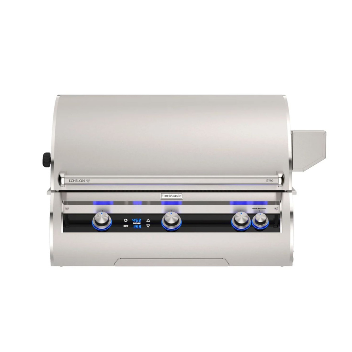 Stainless steel grill with digital controls on a white background