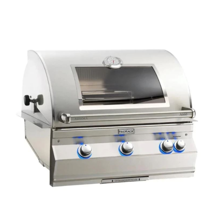 Stainless steel grill with visible brand logo on a white background