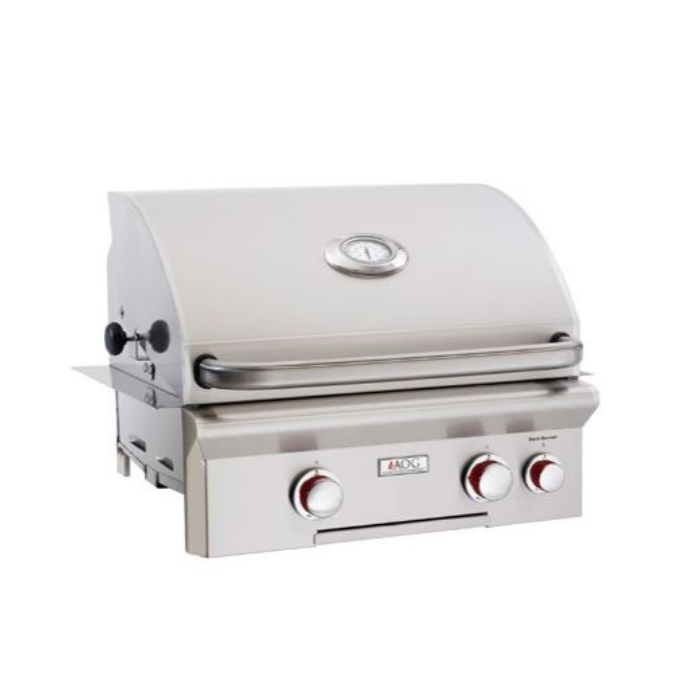 Stainless steel grill with three control knobs on a white background
