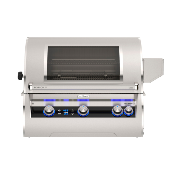 Stainless steel grill with digital display on a white background