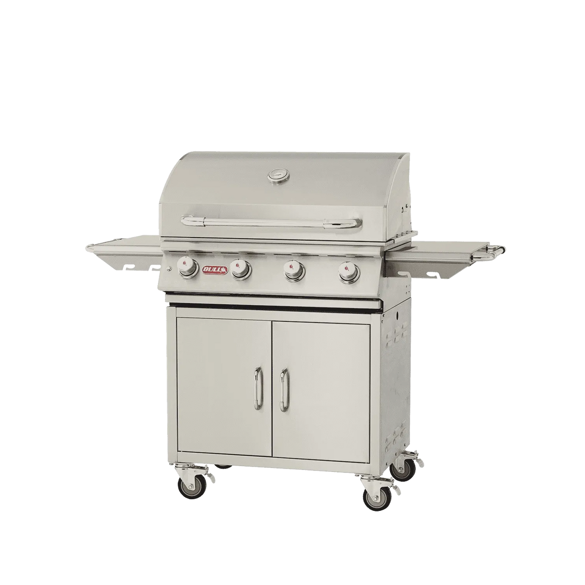 Stainless steel grill on wheels with cabinets on a white background
