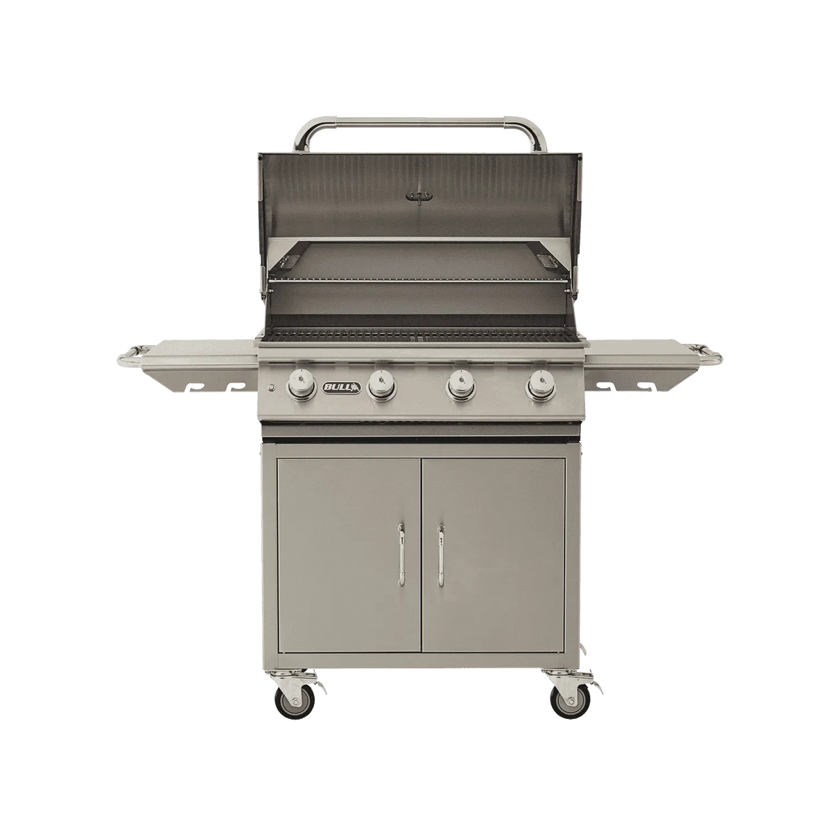 Stainless steel grill with cabinets on a white background